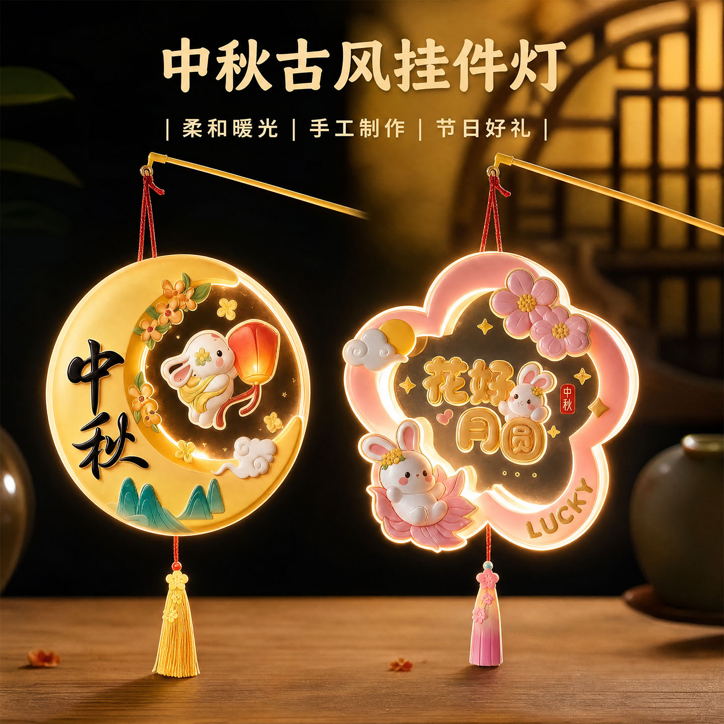 2026新款中秋节可爱兔子灯笼玉兔儿童手提古风发光花灯小提灯挂饰图片