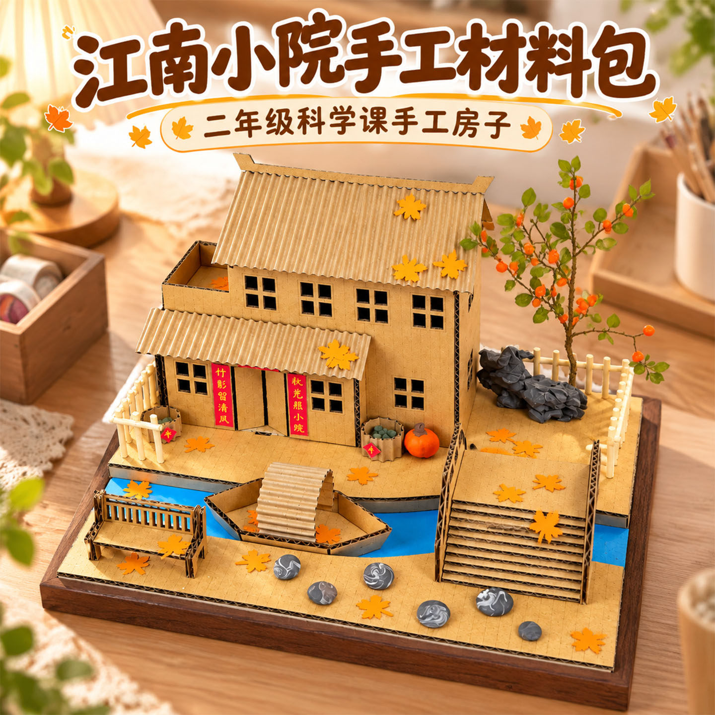 纸板手工造房子江南小院diy建筑模型材料变废为宝二年级科学作业