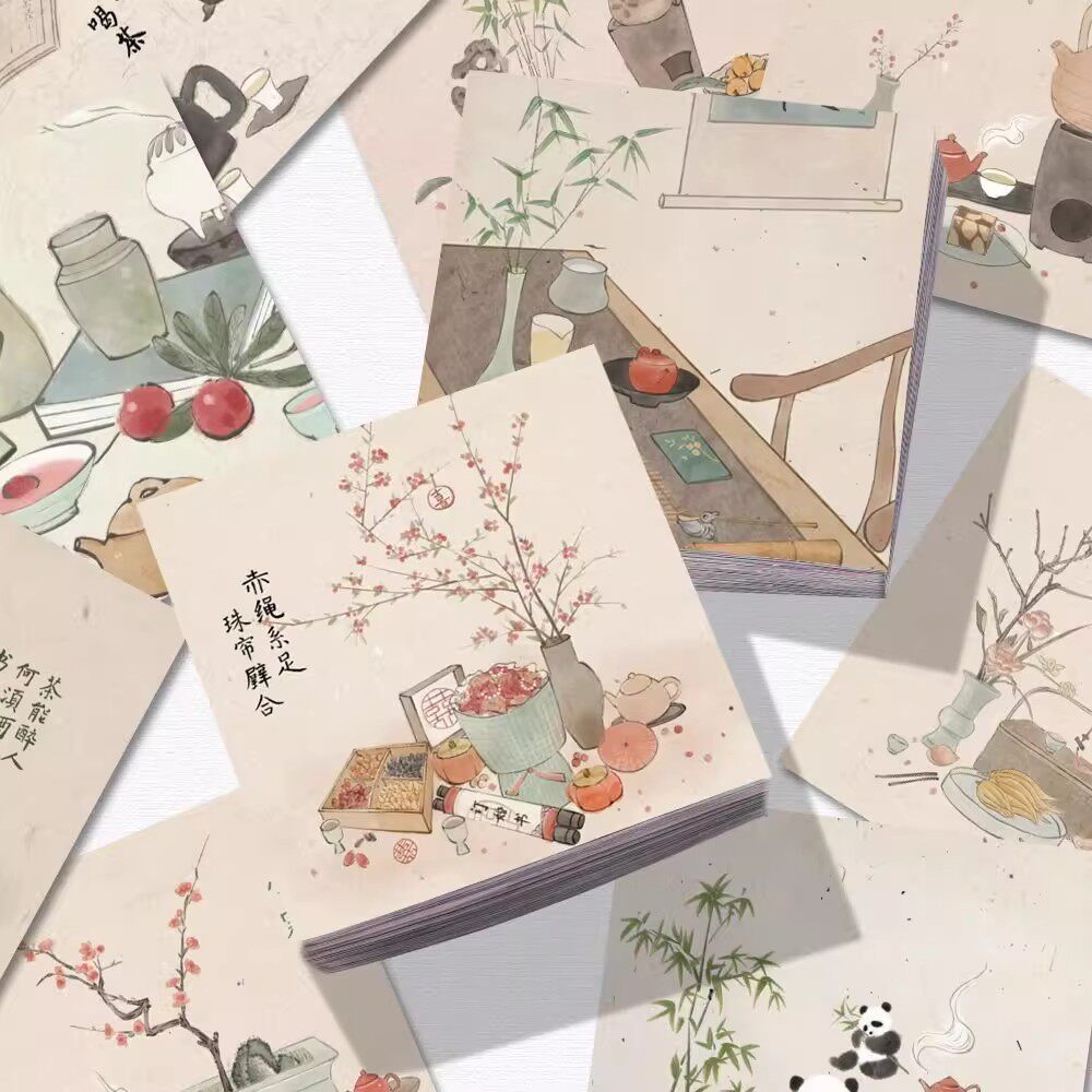 96张国风诗茶画意中国风田园艺术生活贴纸装饰手账素材防水贴画 - 实物图