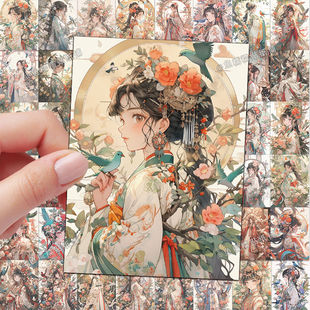 62张国风少女贴纸古风汉服浮世绘Ai唯美手账笔记本装饰小贴画防水