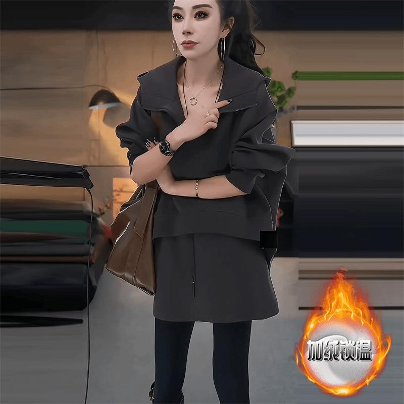 高级感搭配一整套冬装女2t025新款宽松显瘦连帽卫衣高腰半身裙套
