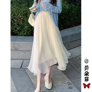 网纱半身裙d女春季中长款高腰a字小个子不规则纱裙子仙女超仙森系