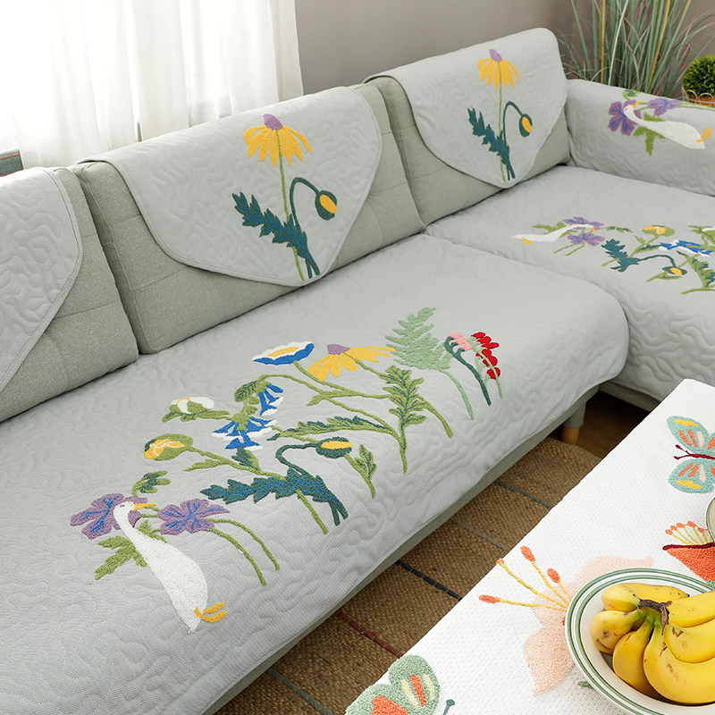 鲁绣田园刺绣沙发坐垫美式简约沙发扶手巾四季通用防滑沙发垫定制,居家布艺,沙发垫,淘宝优惠券,粉丝福利购,淘宝优惠卷