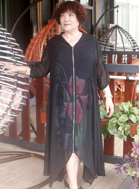 夏新款雪纺中长款拉链连帽开衫大码宽松妈妈O奶奶防晒衣中老年女