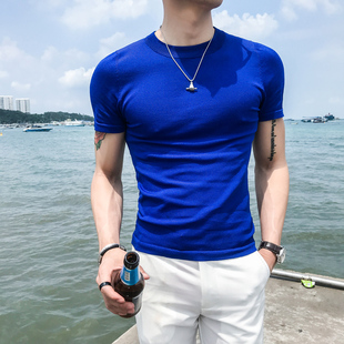 a薄款 韩版 春夏短袖 毛衣男修身 纯色t恤圆领透气半袖 线衣针织打底衫