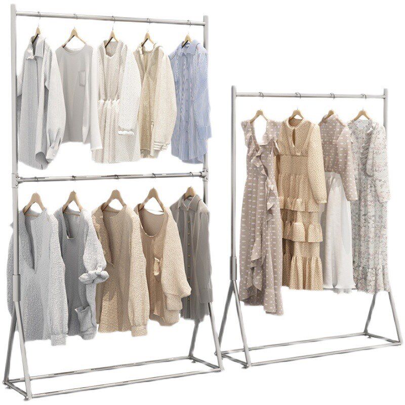 服装店银色展示架铁艺双层落地式标配男女装升降调节挂衣童装架子