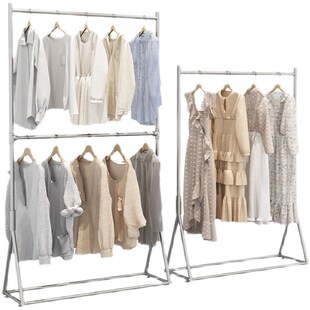 服装店银色展示架铁艺双层落地式标配男女装升降调节挂衣童装架子