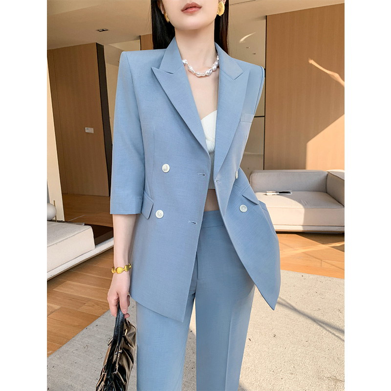 蓝色休闲西e装套装女2025新款夏薄款职业气质高级感小个子西服外