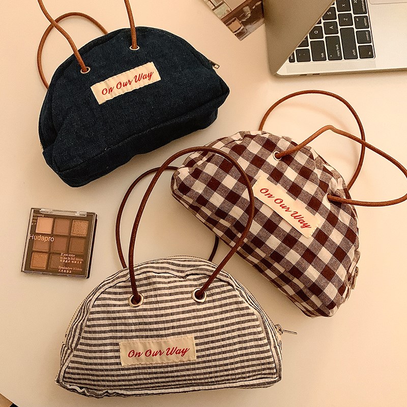 帆布小拎包便携随身手提包女迷你小包半L圆形条纹拉链手机收纳包