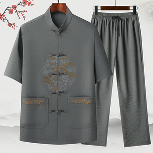 夏季男士亚麻唐装短袖套装爸爸夏装父亲中国风老年人爷爷生日汉服