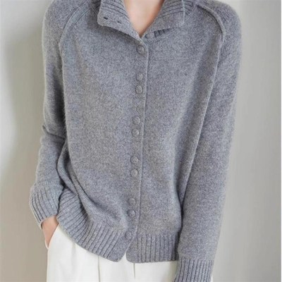 2025春季新款羊毛开衫女高x领加厚纽扣针织毛衣宽松百搭羊绒衫外
