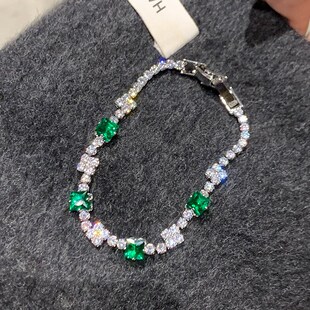 祖母绿在逃公主手链女款方形满钻手链轻奢小众手串精致手绳手饰品