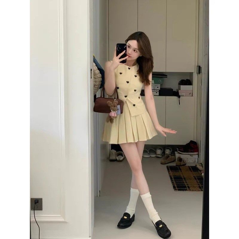 夏装一整套金属爱心修身西装马甲背心百褶M半身短裙两件套装女薄