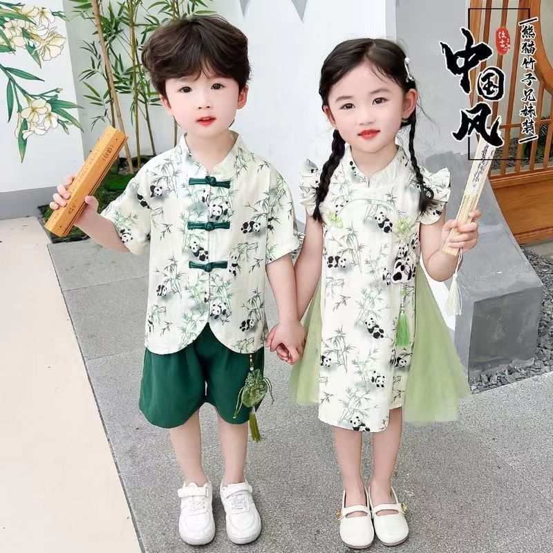 2025新款兄妹姐弟套装夏季女宝宝连衣裙男童短袖儿童新中式表演服