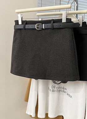美式复古灰色半身k裙女秋冬2024新款小个子高腰防走光a字包臀短裙