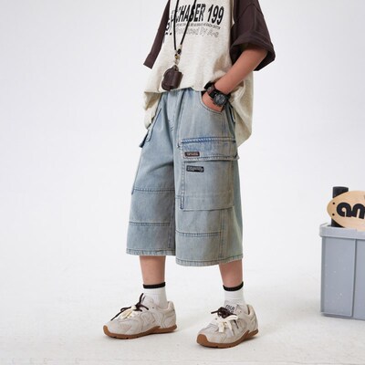 男童夏季七分工装牛仔短裤2025新款儿童男孩直筒宽松冰感薄款裤子
