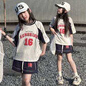 韩版 韩国女童短裤 女大童运动T恤潮 2025新款 洋气儿童薄款 套装 夏季