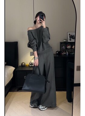 慵懒风灰色休闲斜肩卫衣阔腿裤两件套2F025新款超火运动套装女春