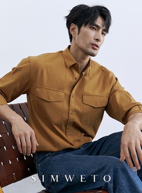 夏季休闲绅士 纯棉黄色衬衫男士复古做旧日系宽松帅气双口袋衬衣