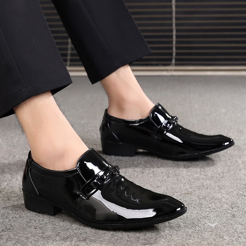 男士皮鞋青年韩版潮流商务正装春秋季英伦黑色亮皮尖头一脚蹬男鞋