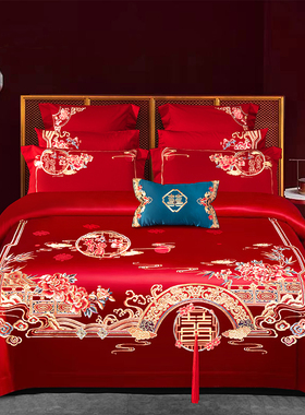 100支全棉婚g庆四件p组刺绣结婚喜被子被套大红色床上用品六十件