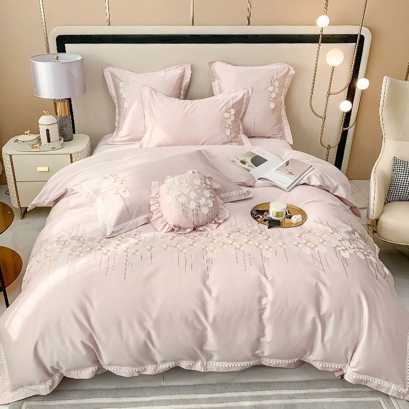 简约100支匹马棉四件套少女心刺绣纯棉被套床单床上用品1.8