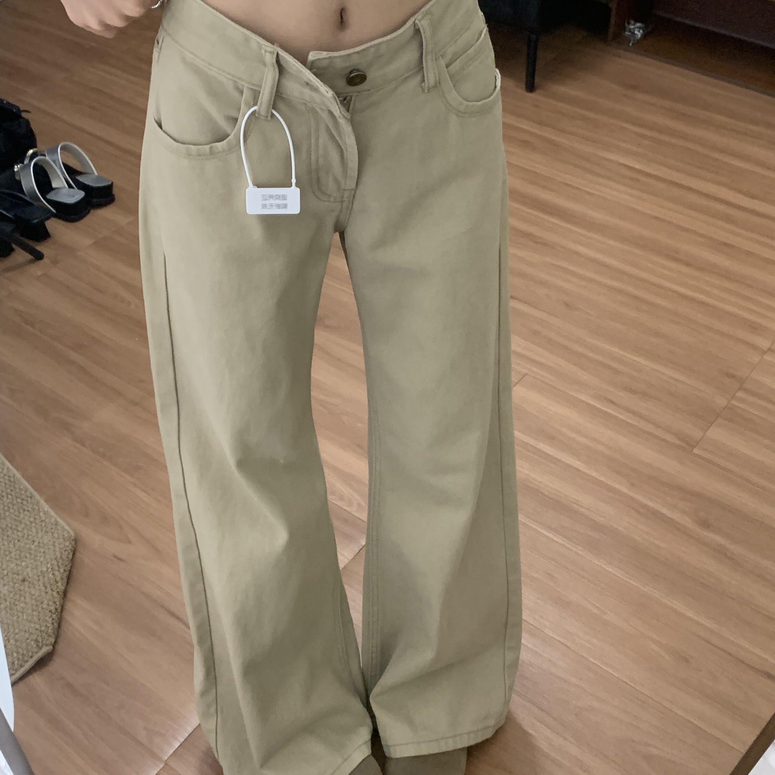 小个子卡其色低腰微喇牛仔裤女夏季新款宽松显瘦美式直筒喇叭裤子
