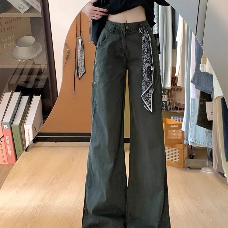美式军绿色工装裤女新款多口袋复古休闲阔腿宽松直筒微喇牛仔裤子