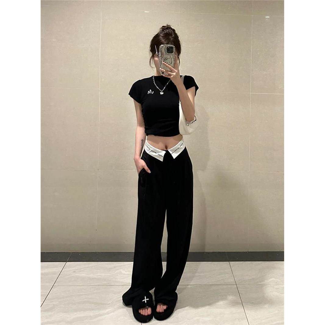 嘻哈宽松西装裤高腰休闲街头黑色感阔腿裤夏季直筒高级包边头女