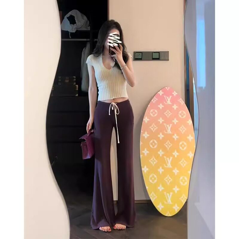 超火两件套夏装韩系小个子纯欲辣妹上衣紫色喇叭裤子套装