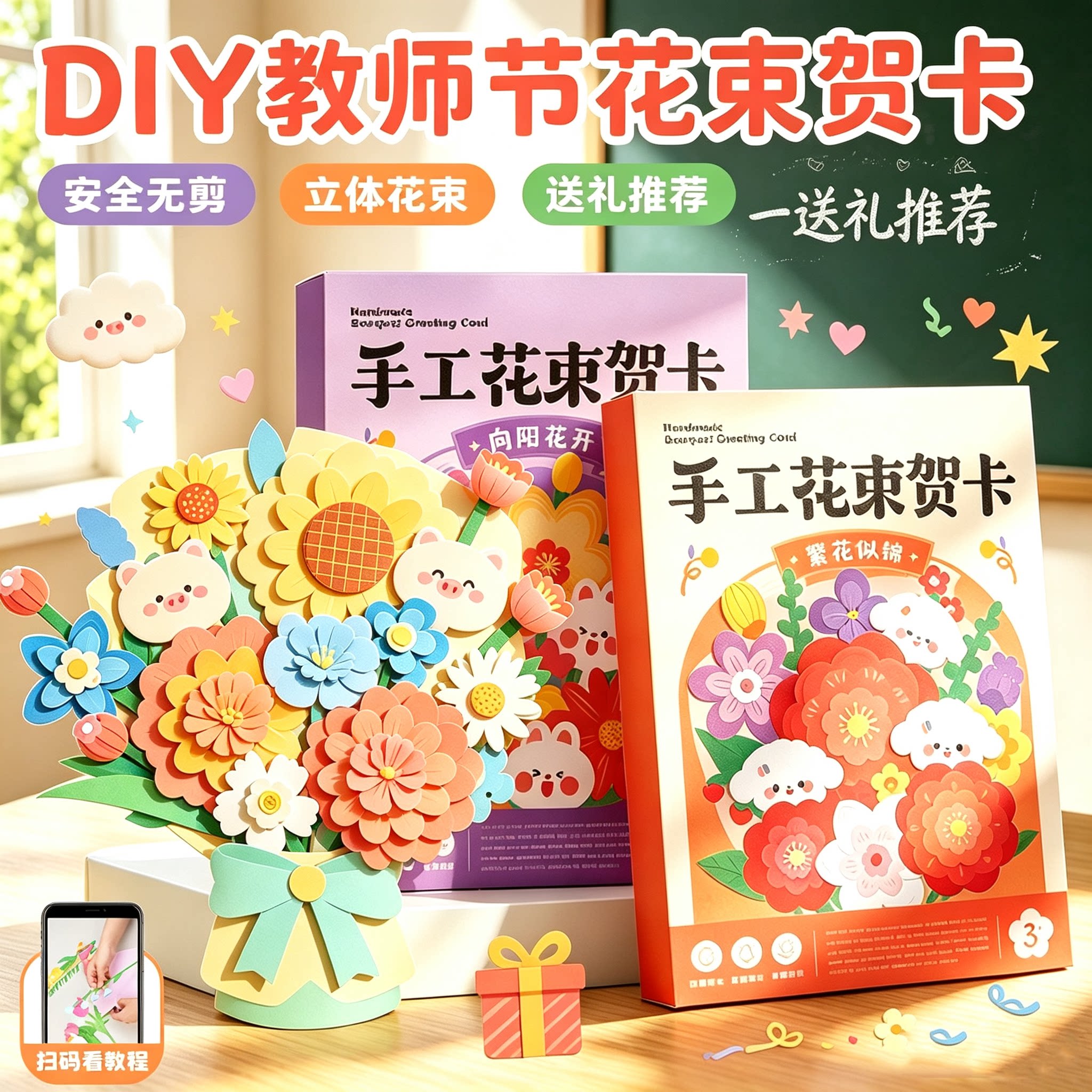 教师节DIY立体花束贺卡儿童手工全材料包无需剪刀亲手做感恩礼物