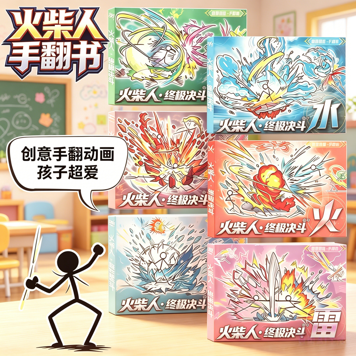 火柴人元素手翻画格斗动画翻页书小学生描画涂色创意连环画图画本