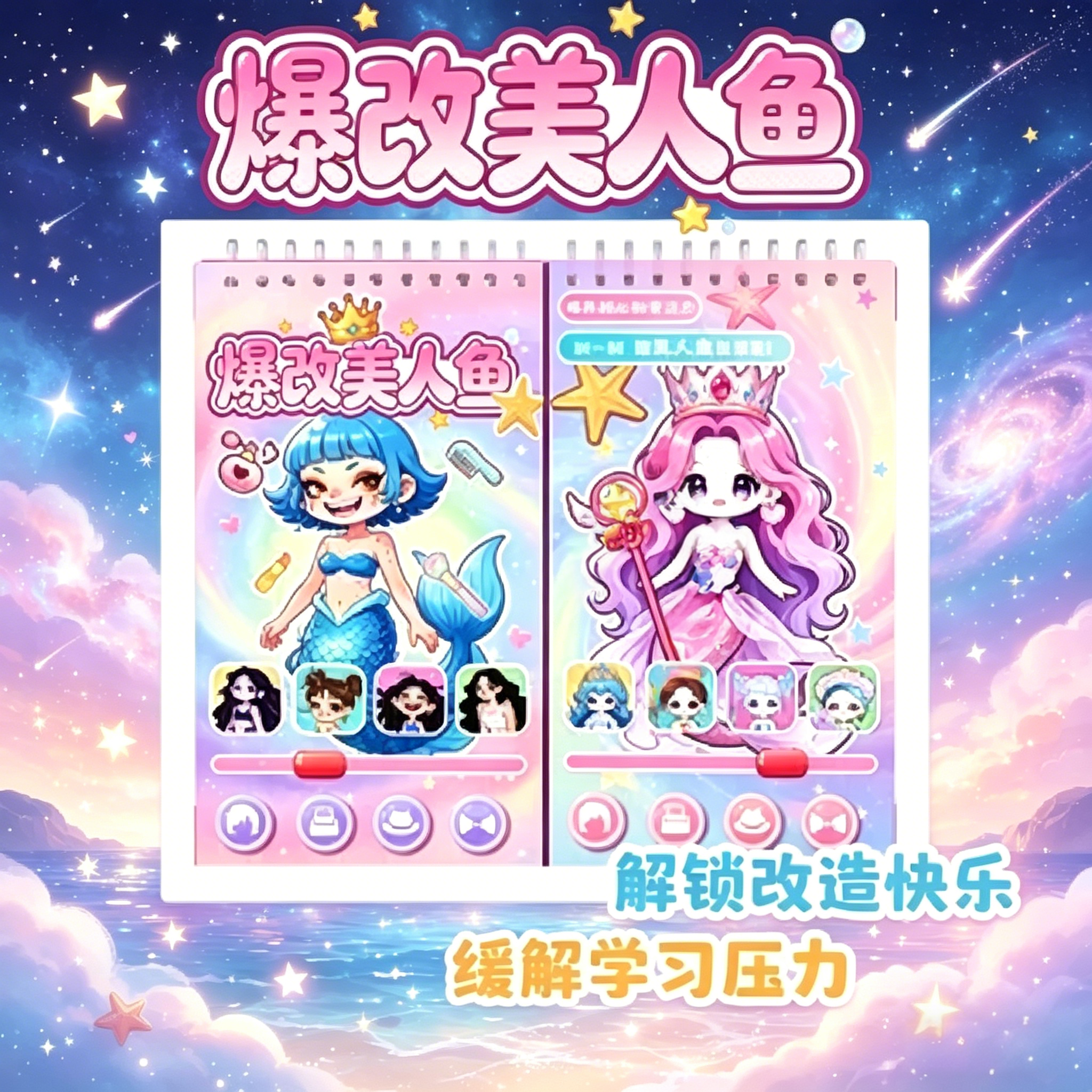 爆改美人鱼刮画贴纸本儿童手账换装贴纸女孩线圈本手工diy解压