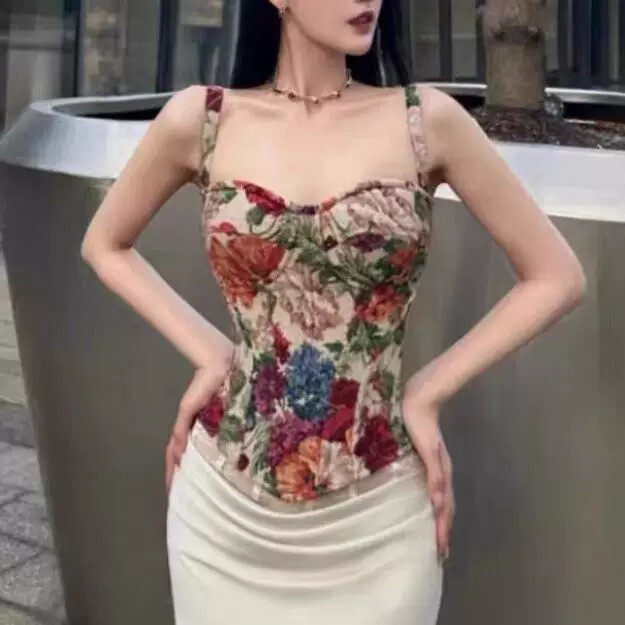 法式油画鱼骨抹胸背心性感新款修身短款吊带上衣发完简约气质碎花