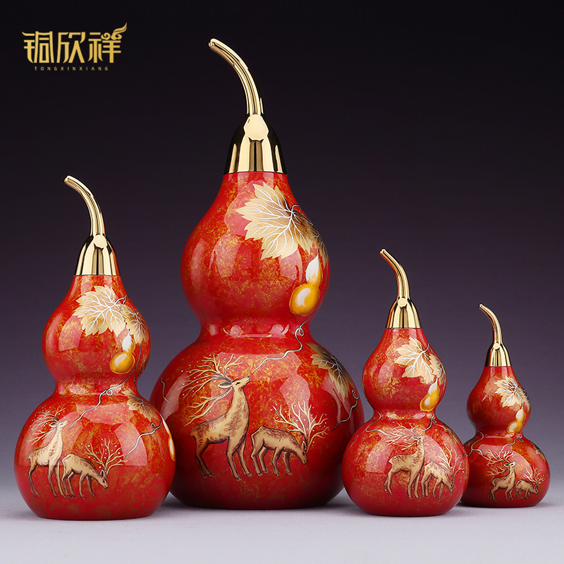 铜欣祥彩绘黄铜五福临门葫芦摆件开口客厅玄关酒柜装饰工艺品乔迁
