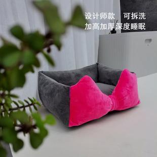 通用可拆洗狗窝公主风大蝴蝶结猫咪床深度睡眠狗床 方形宠物窝四季