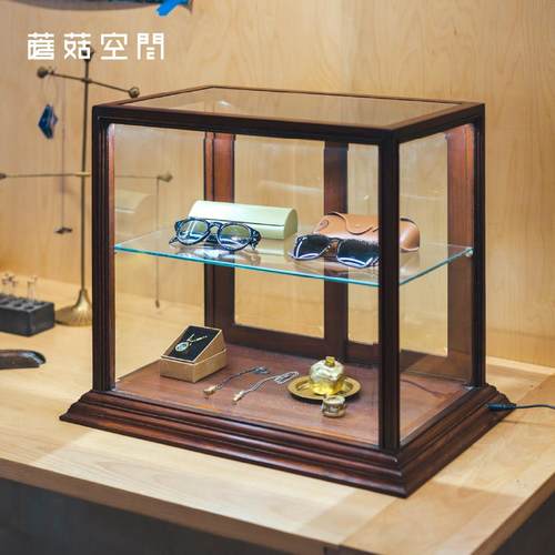 蘑菇空间双层柜复古实木玻璃柜手办陈列收纳柜子咖啡店甜品展示柜