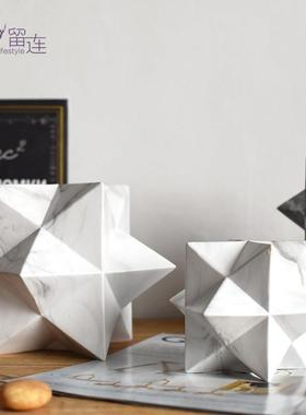 北欧极简几何白色大理石纹陶瓷多面体雕塑样板间摆件电视柜软装饰