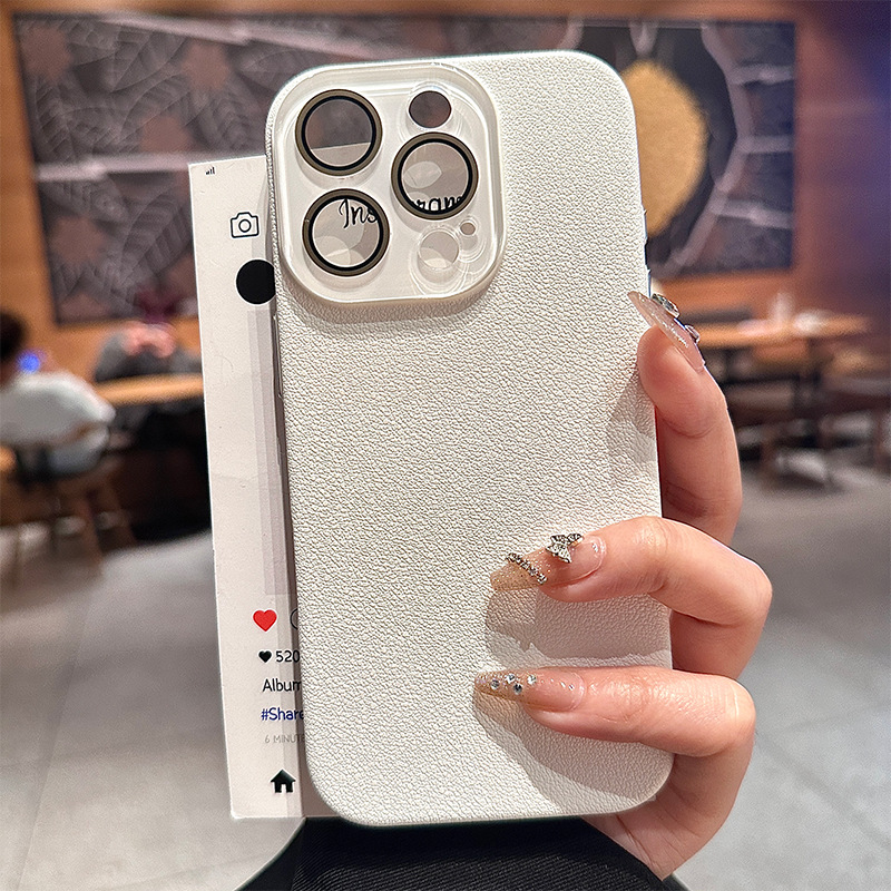 适用iPhone16荔枝皮纹磨砂肤感手机壳苹果15镜头膜防摔PC保护套14