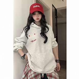 设计感小众宽松潮牌外套 薄款 美式 复古慵懒风白灰色连帽卫衣女秋季