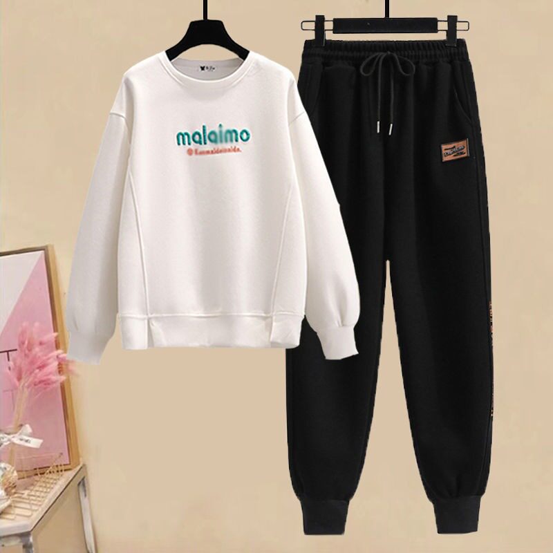 여성을위한 스포츠 운동복 정장 2024 봄 가을 새로운 캐주얼 패션 한국 스타일 느슨한 라운드 넥 탑과 스웨트 팬츠 2 피스 세트