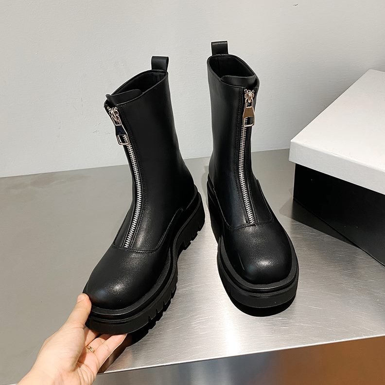 20244340新款年短靴女4241平底前拉链大码女圆头冬季靴色米靴子一