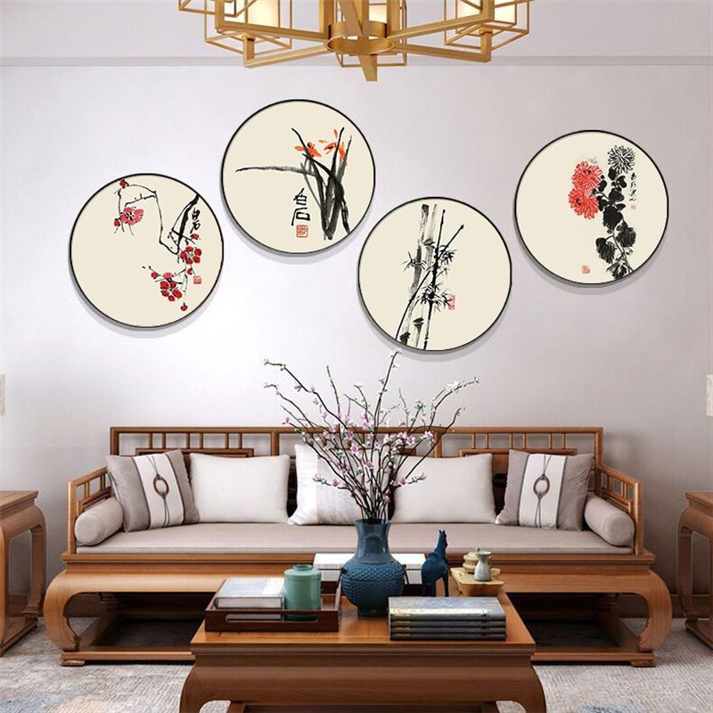 新中式梅兰竹菊圆形客厅挂画禅意国画四联荷花装饰画茶室书房壁画图片