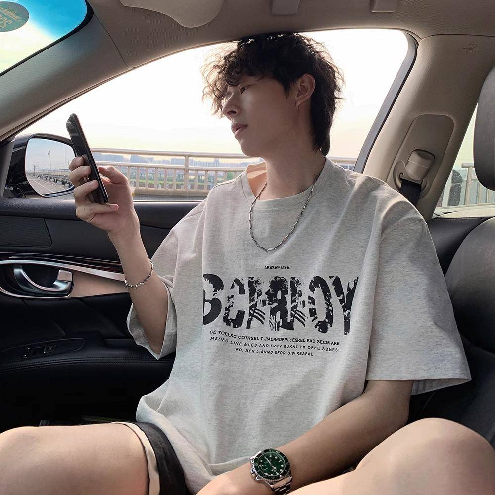 短袖男款夏季2025潮牌美式纯棉痞帅字母印花宽松休闲五分袖t恤衫