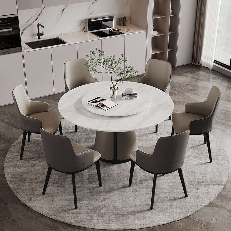 天然大理石圆形餐桌带转盘高端意式现代简约家用小户型大理石圆桌