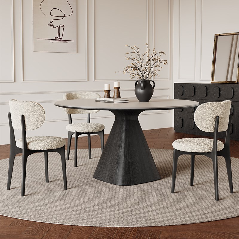 法式复古实木圆桌黑色白蜡木客厅饭桌家用现代简约纯白岩板餐桌椅