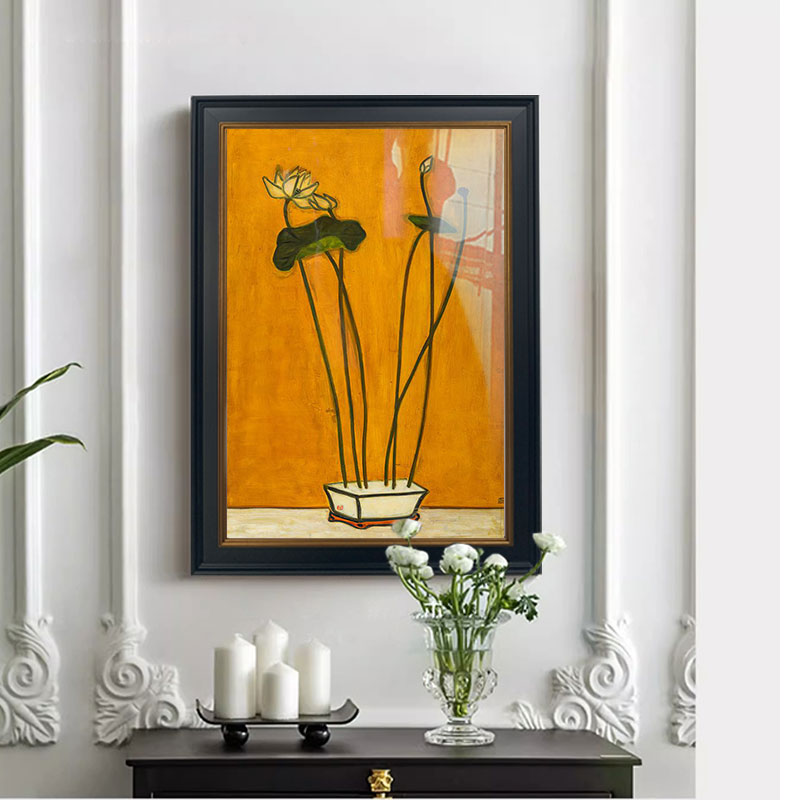 常玉装饰画法式复古小众挂画中古风玄关背景墙软装荷花艺术油壁画图片