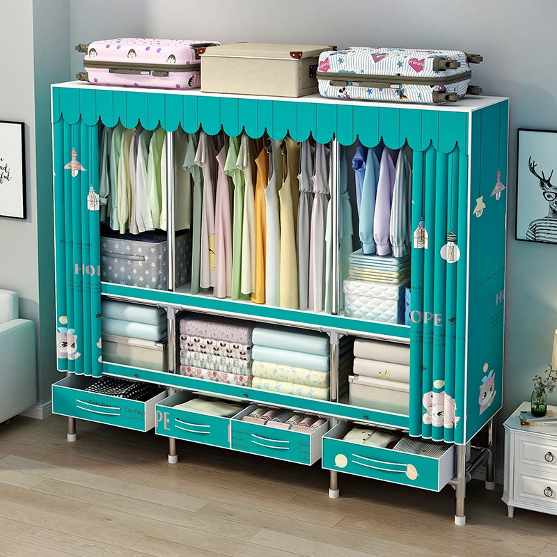 简易衣柜带抽屉家用卧室结实耐用布衣柜加粗加厚全钢架组装收纳柜