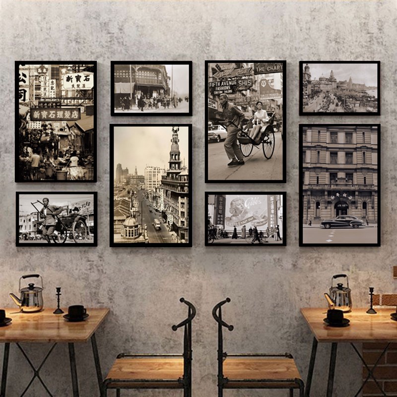 民国风装饰画怀旧复古海报老上海主题餐厅墙面壁画建筑老照片挂画