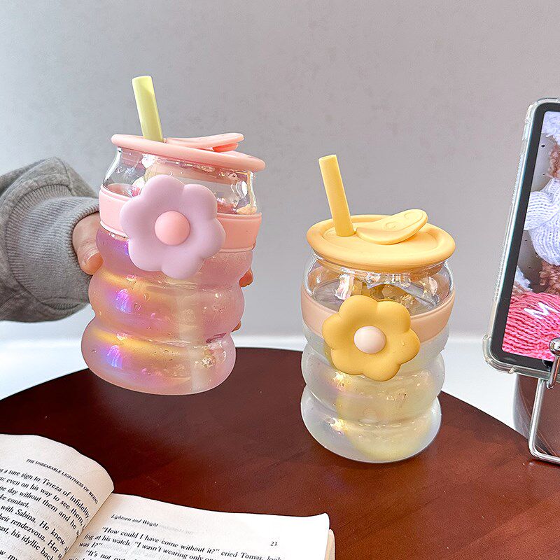 爱玻璃杯家用耐高温女生高级感咖啡杯带吸管夏季看的喝水杯子